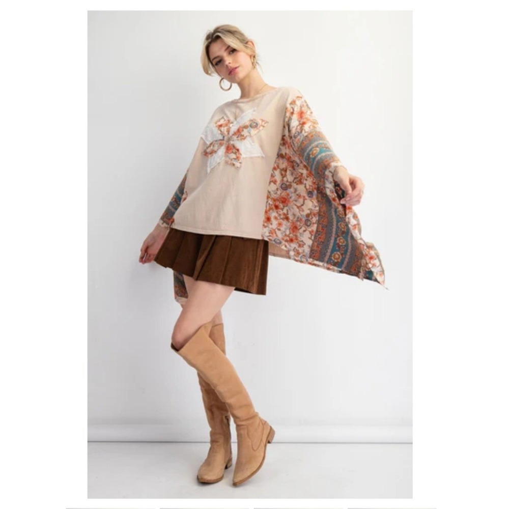 Easel Boho Mixed Print Poncho Top Beige Floral Tassel Flower Lace Accent M